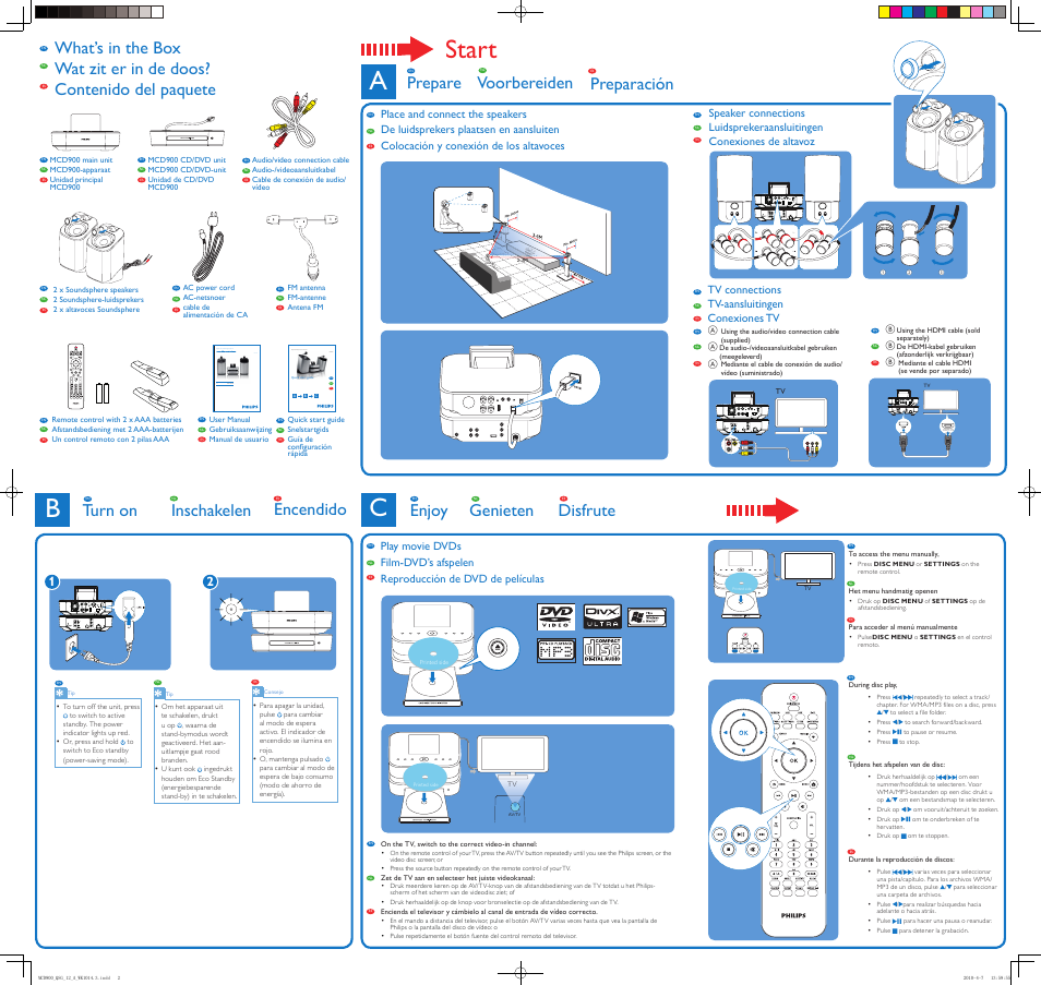 Start, Turn on inschakelen, Enjoy genieten disfrute | Prepare, Preparación, Voorbereiden, Mcd900 en nl es, Tv connections tv-aansluitingen conexiones tv | Philips Sistema Hi-Fi con componentes DVD User Manual | Page 2 / 2