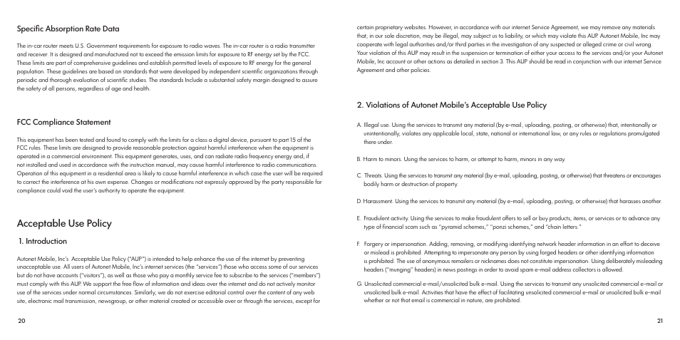 Acceptable use policy | Autonet mobile Carfi User Manual | Page 11 / 15