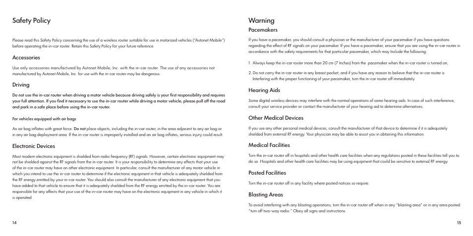 Safety policy, Warning | Autonet mobile Carfi User Manual | Page 8 / 15