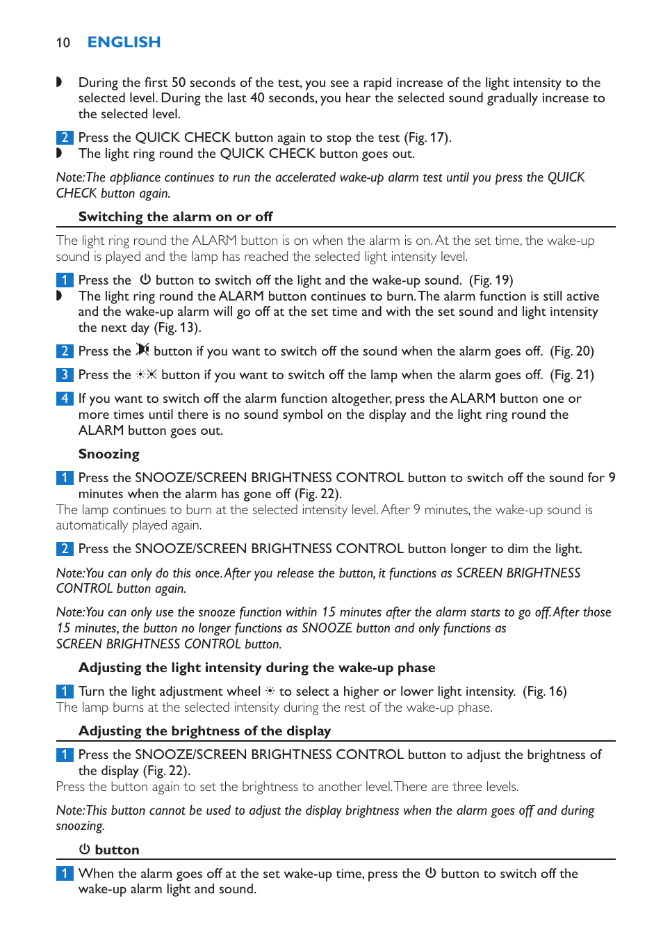 Switching the alarm on or off, Snoozing, Adjusting the brightness of the display | 3 button | Philips Wake-up Light User Manual | Page 10 / 136