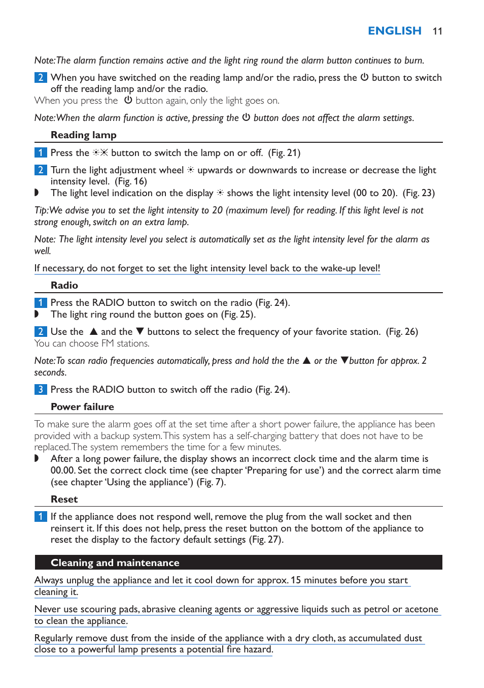 Reading lamp, Radio, Power failure | Reset, Cleaning and maintenance | Philips Wake-up Light User Manual | Page 11 / 136