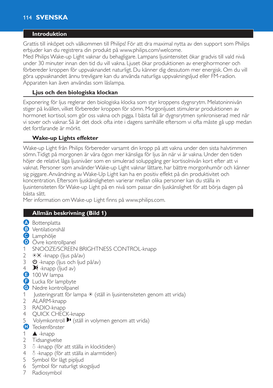 Svenska, Introduktion, Ljus och den biologiska klockan | Wake-up lights effekter, Allmän beskrivning (bild 1) | Philips Wake-up Light User Manual | Page 114 / 136