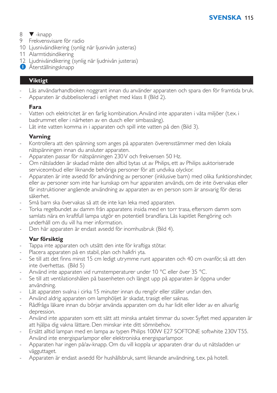 Fara, Varning, Var försiktig | Viktigt | Philips Wake-up Light User Manual | Page 115 / 136