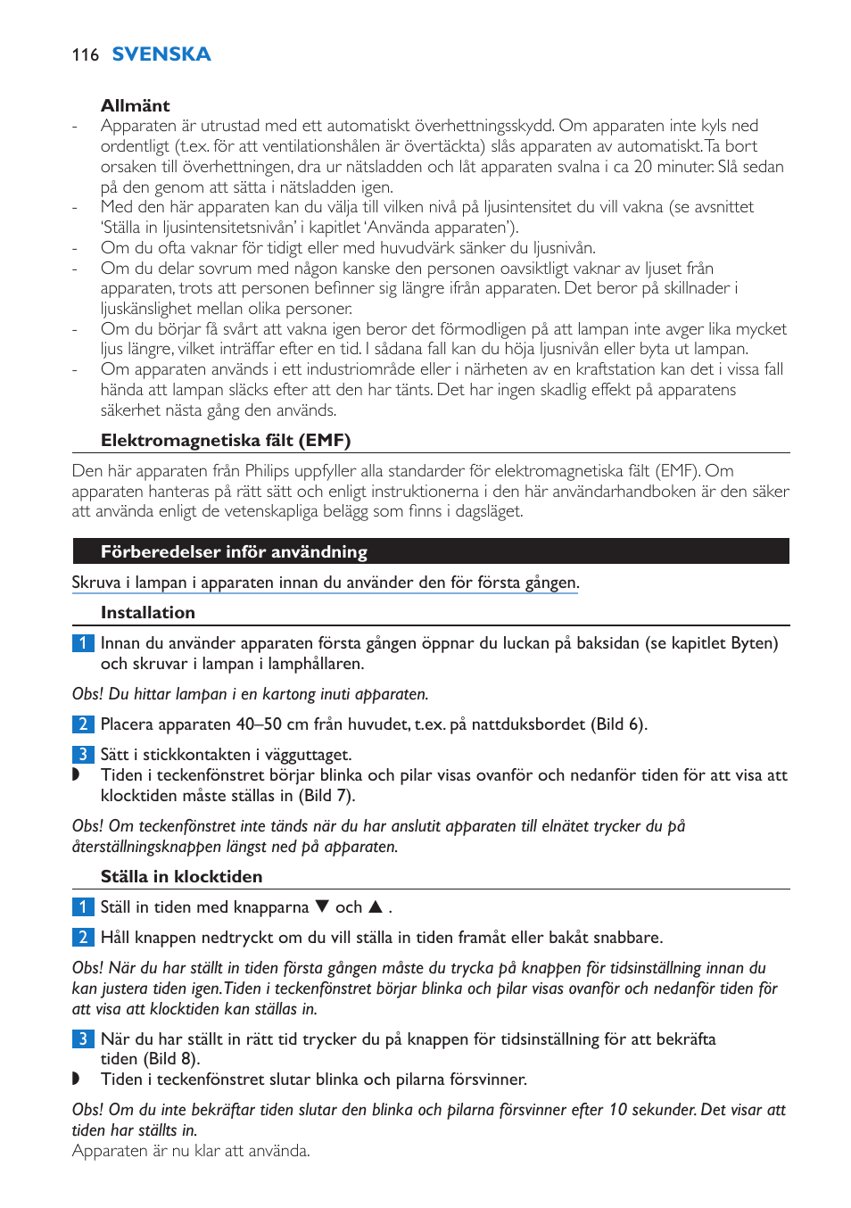 Allmänt, Elektromagnetiska fält (emf), Förberedelser inför användning | Installation, Ställa in klocktiden | Philips Wake-up Light User Manual | Page 116 / 136