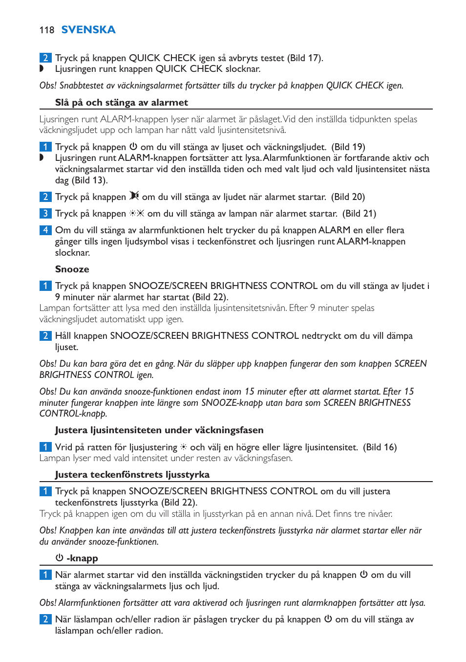 Slå på och stänga av alarmet, Snooze, Justera ljusintensiteten under väckningsfasen | Justera teckenfönstrets ljusstyrka, 3 -knapp | Philips Wake-up Light User Manual | Page 118 / 136