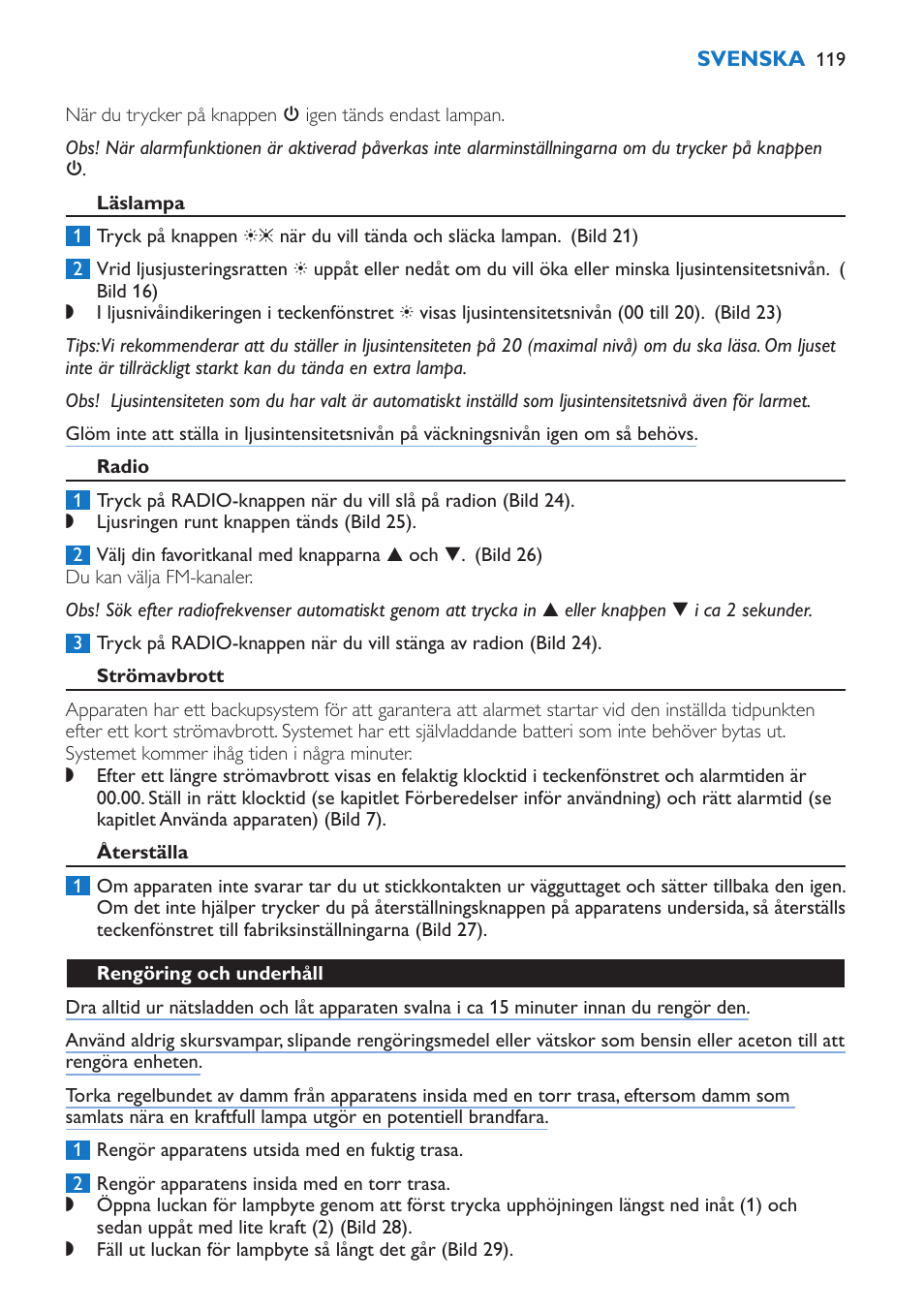 Läslampa, Radio, Strömavbrott | Återställa, Rengöring och underhåll | Philips Wake-up Light User Manual | Page 119 / 136