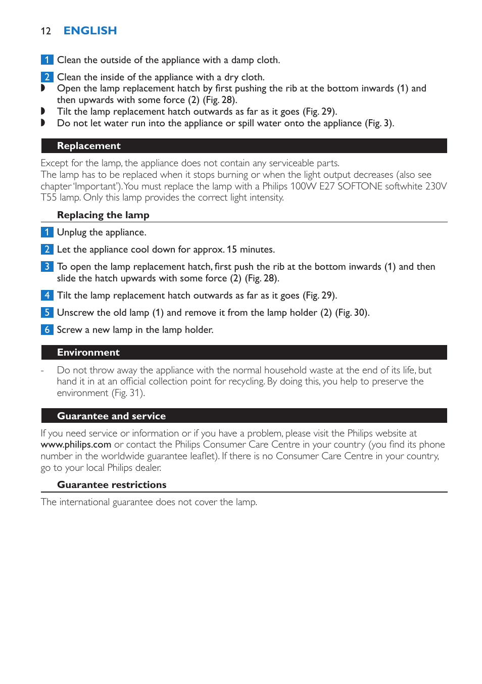 Replacement, Replacing the lamp, Environment | Guarantee and service, Guarantee restrictions, Specifications | Philips Wake-up Light User Manual | Page 12 / 136