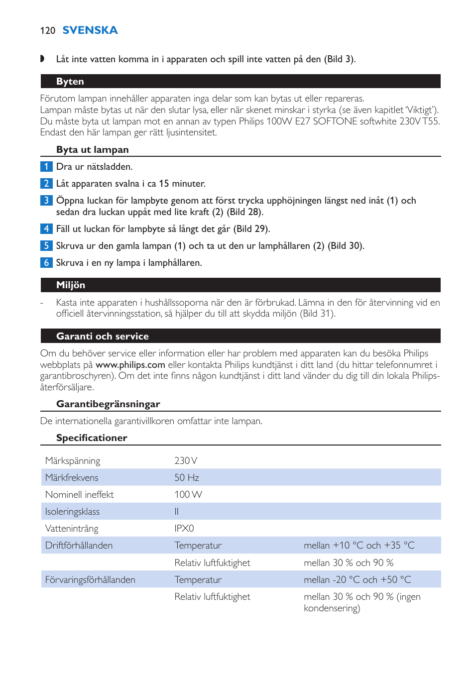 Byten, Byta ut lampan, Miljön | Garanti och service, Garantibegränsningar, Specificationer | Philips Wake-up Light User Manual | Page 120 / 136