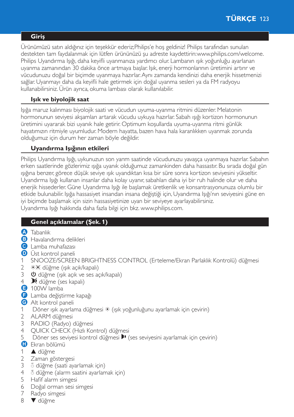 Türkçe, Giriş, Işık ve biyolojik saat | Uyandırma işığının etkileri, Genel açıklamalar (şek. 1) | Philips Wake-up Light User Manual | Page 123 / 136