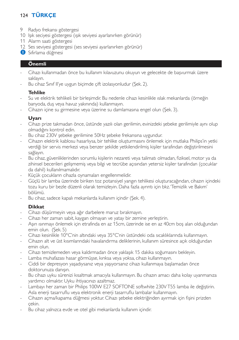 Tehlike, Uyarı, Dikkat | Önemli | Philips Wake-up Light User Manual | Page 124 / 136