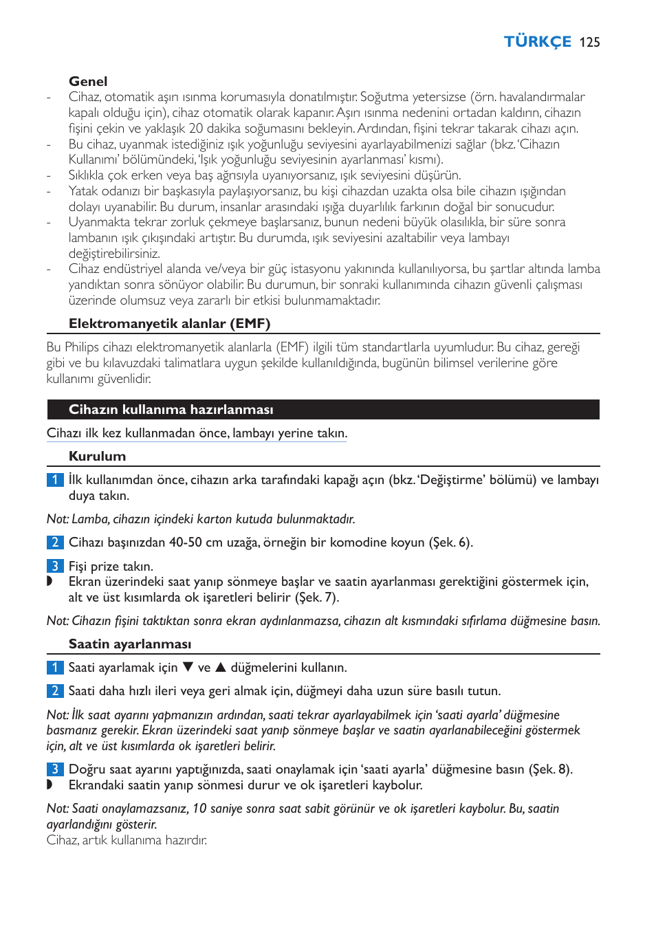 Genel, Elektromanyetik alanlar (emf), Cihazın kullanıma hazırlanması | Kurulum, Saatin ayarlanması | Philips Wake-up Light User Manual | Page 125 / 136