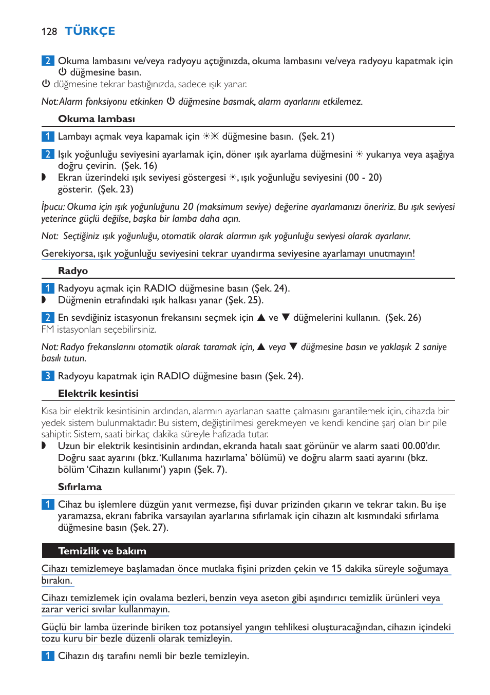 Okuma lambası, Radyo, Elektrik kesintisi | Sıfırlama, Temizlik ve bakım | Philips Wake-up Light User Manual | Page 128 / 136