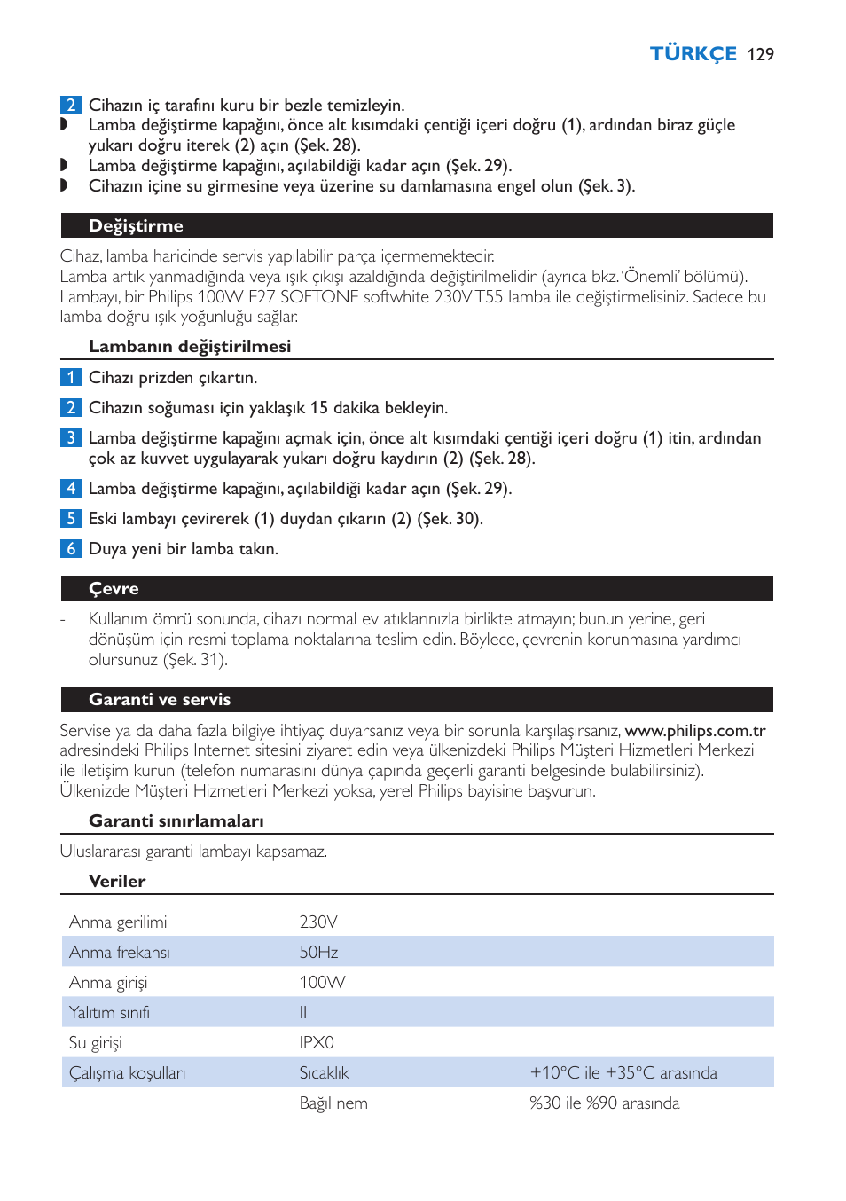 Değiştirme, Lambanın değiştirilmesi, Çevre | Garanti ve servis, Garanti sınırlamaları, Veriler | Philips Wake-up Light User Manual | Page 129 / 136