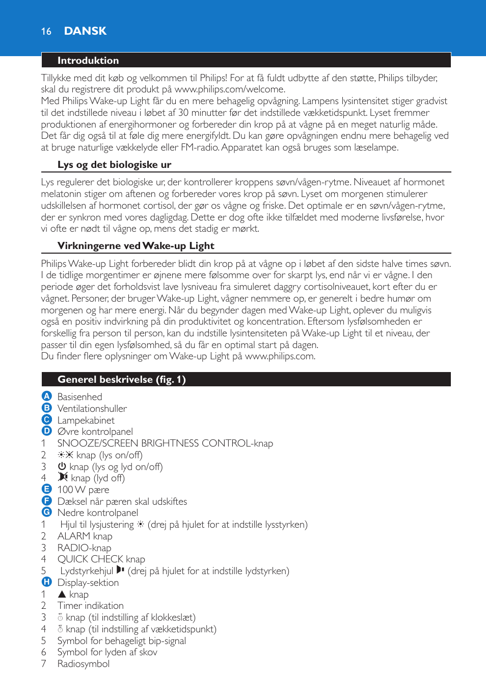 Dansk, Introduktion, Lys og det biologiske ur | Virkningerne ved wake-up light, Generel beskrivelse (fig. 1) | Philips Wake-up Light User Manual | Page 16 / 136