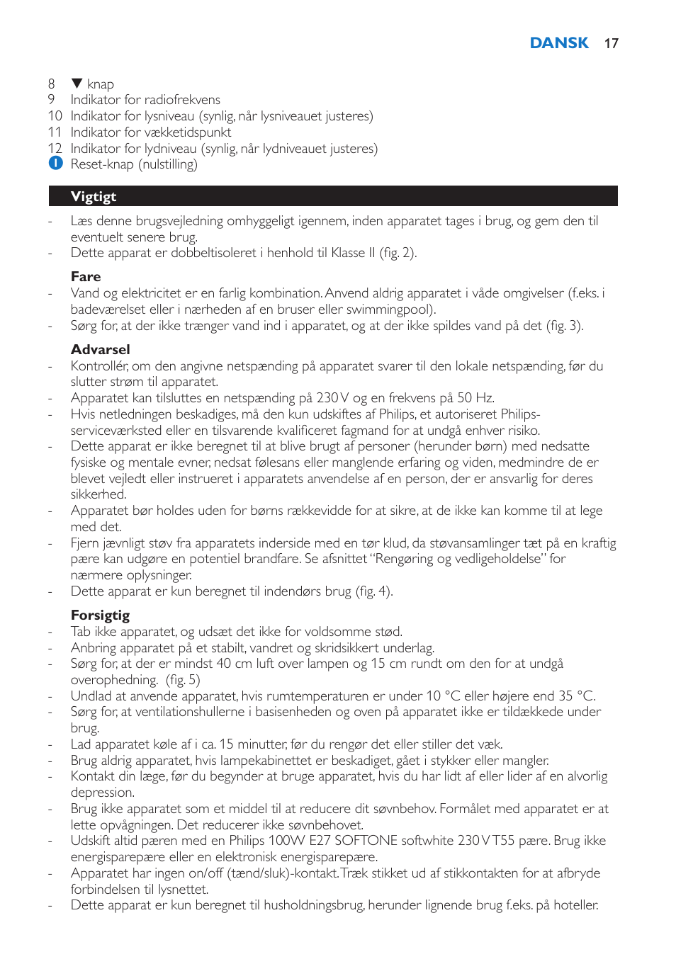 Fare, Advarsel, Forsigtig | Vigtigt | Philips Wake-up Light User Manual | Page 17 / 136