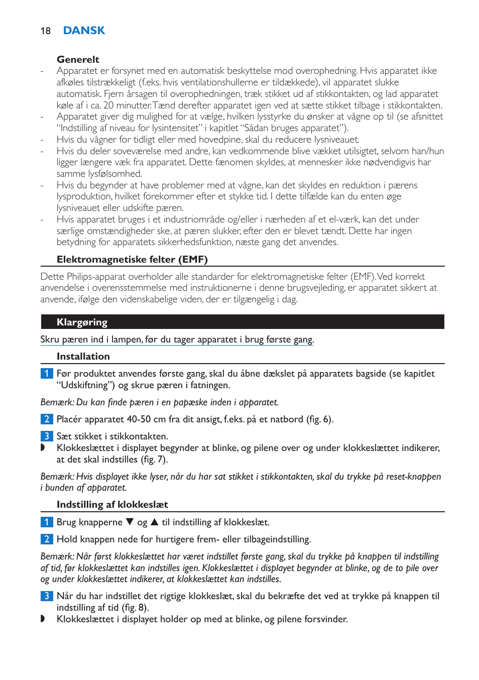 Generelt, Elektromagnetiske felter (emf), Klargøring | Installation, Indstilling af klokkeslæt | Philips Wake-up Light User Manual | Page 18 / 136