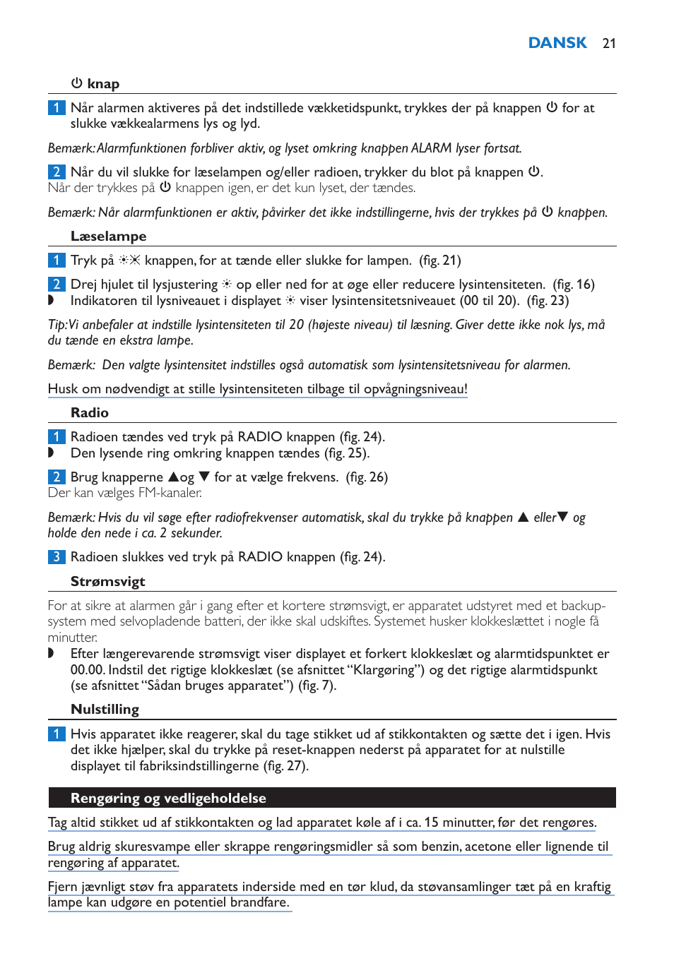 Læselampe, Radio, Strømsvigt | Nulstilling, Rengøring og vedligeholdelse | Philips Wake-up Light User Manual | Page 21 / 136