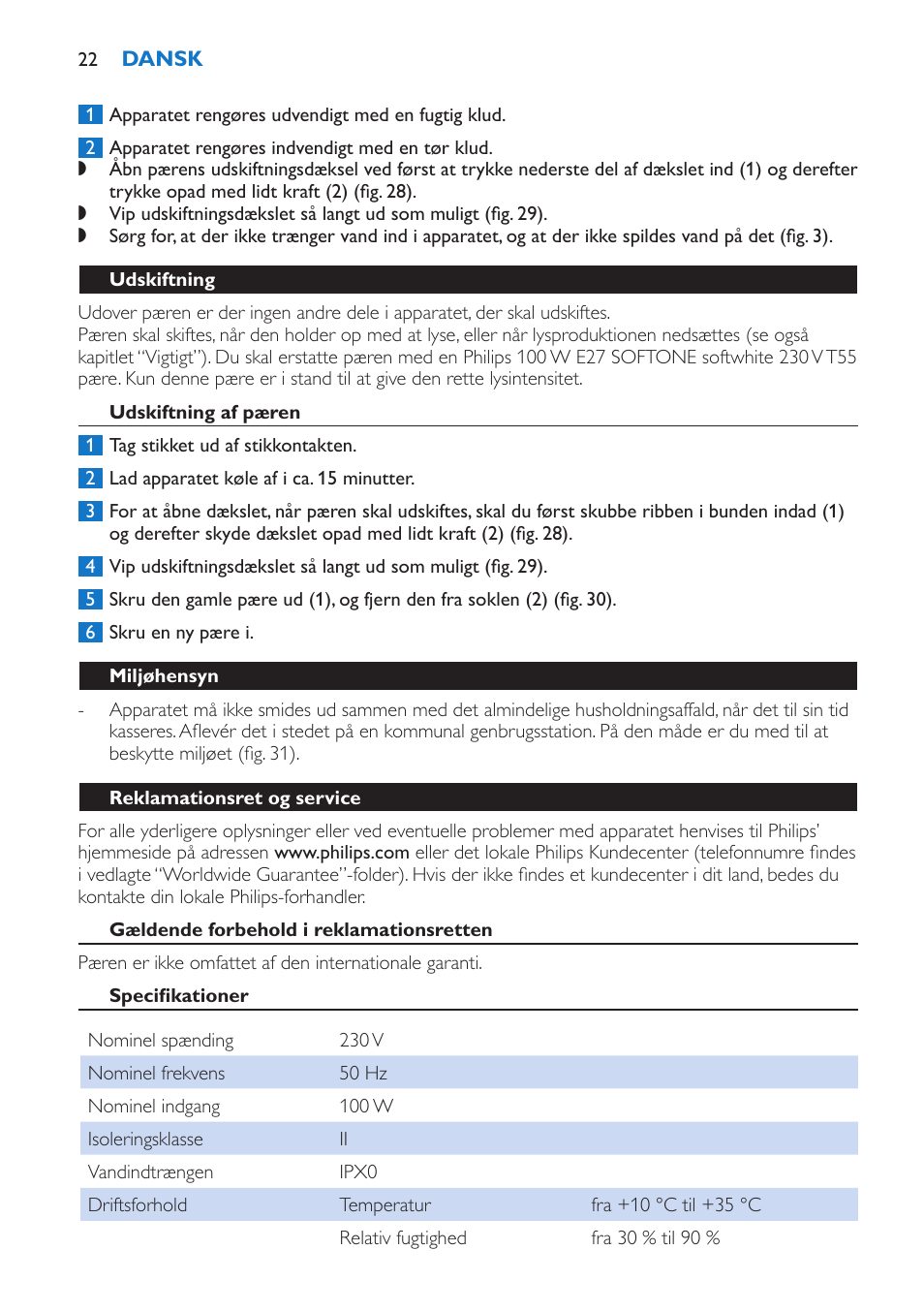 Udskiftning, Udskiftning af pæren, Miljøhensyn | Reklamationsret og service, Gældende forbehold i reklamationsretten, Specifikationer | Philips Wake-up Light User Manual | Page 22 / 136