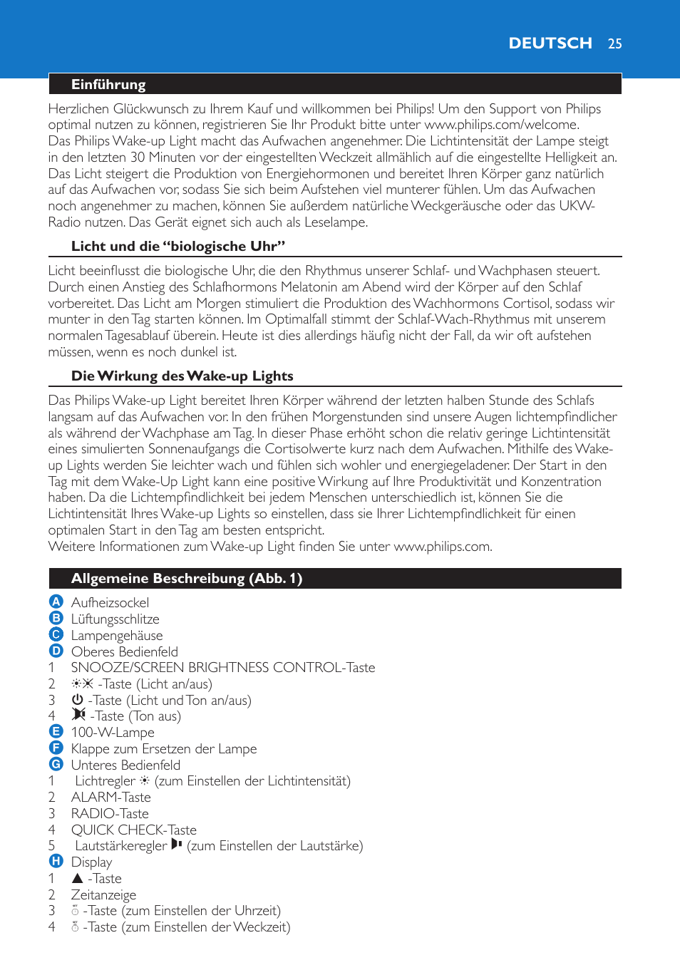 Deutsch, Einführung, Licht und die “biologische uhr | Die wirkung des wake-up lights, Allgemeine beschreibung (abb. 1) | Philips Wake-up Light User Manual | Page 25 / 136