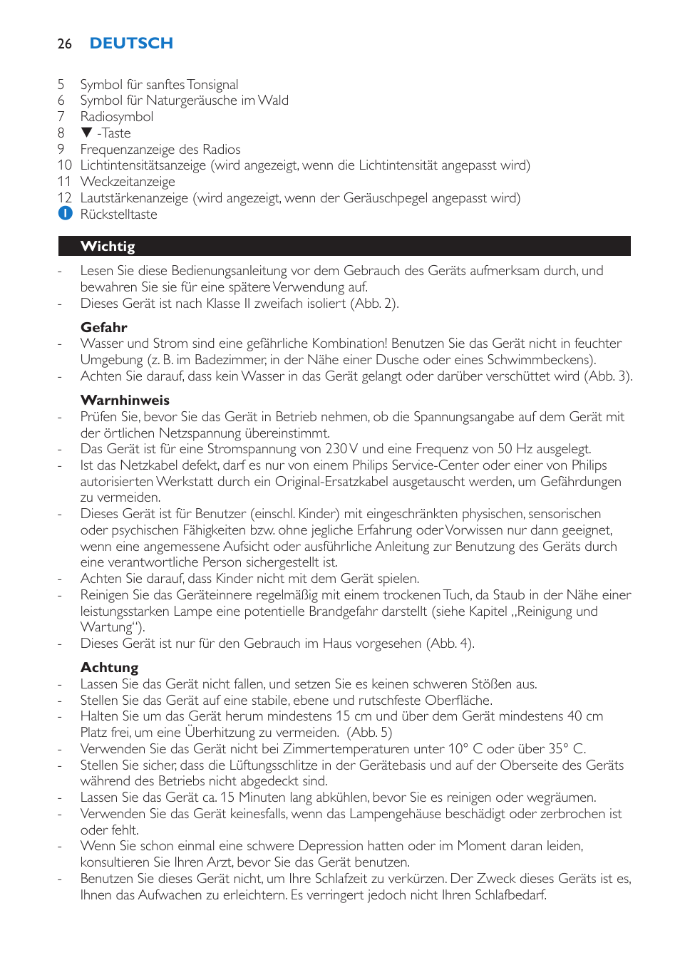 Gefahr, Warnhinweis, Achtung | Wichtig | Philips Wake-up Light User Manual | Page 26 / 136