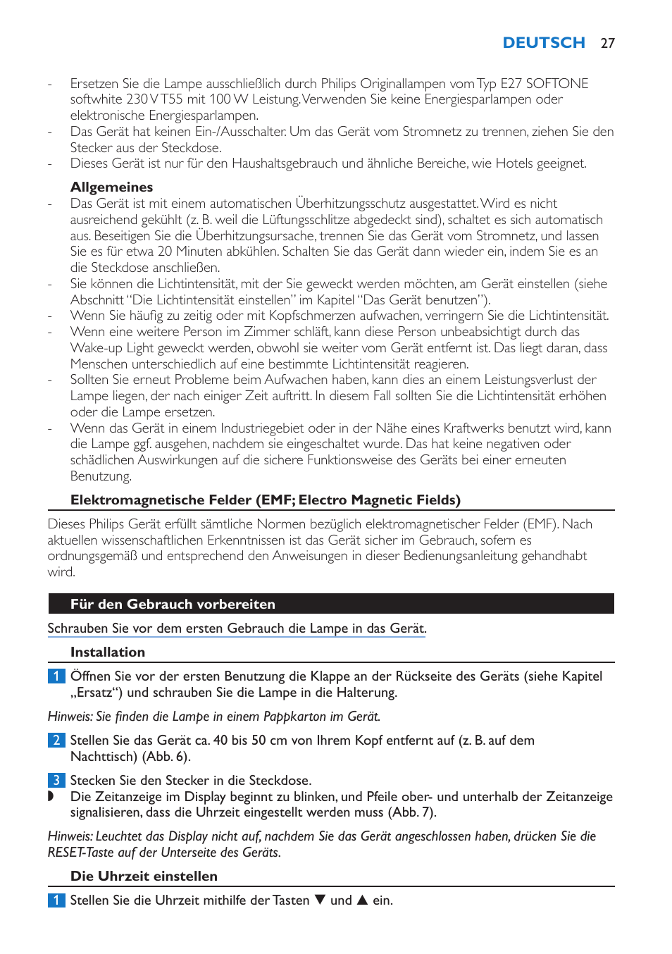 Allgemeines, Für den gebrauch vorbereiten, Installation | Die uhrzeit einstellen | Philips Wake-up Light User Manual | Page 27 / 136