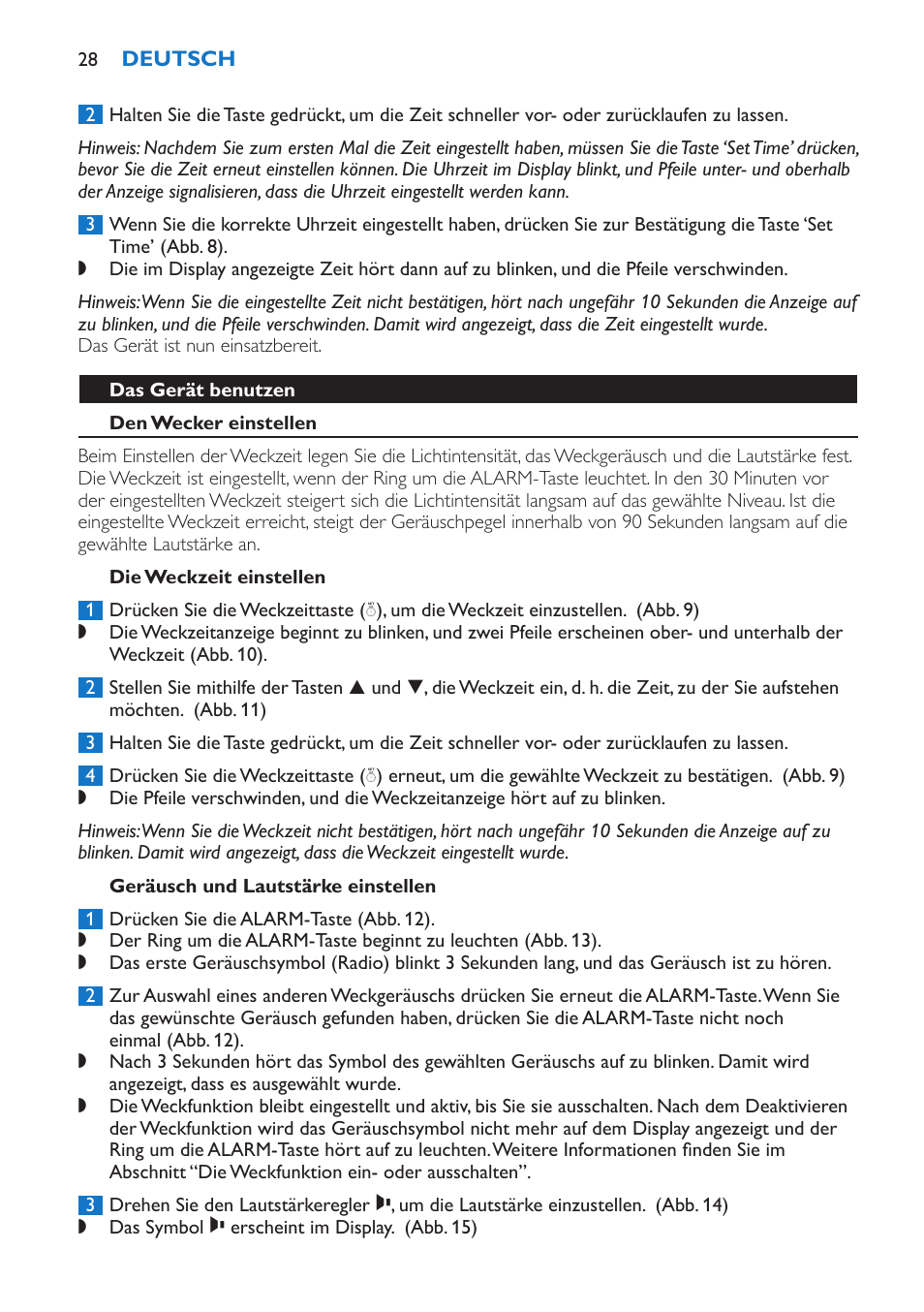 Das gerät benutzen, Den wecker einstellen, Die weckzeit einstellen | Geräusch und lautstärke einstellen | Philips Wake-up Light User Manual | Page 28 / 136