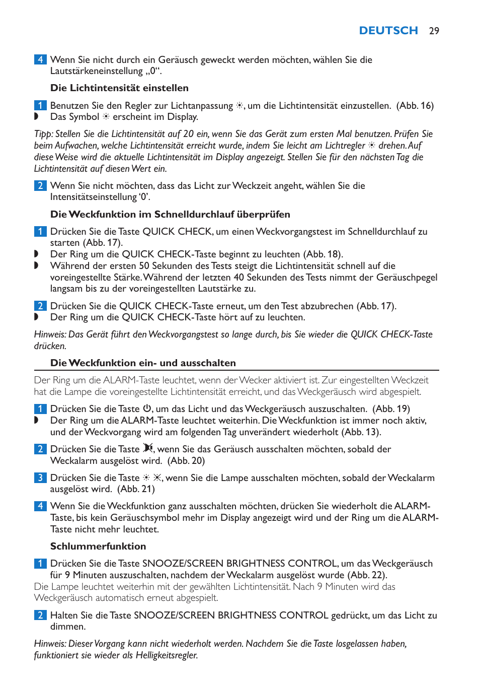 Die lichtintensität einstellen, Die weckfunktion im schnelldurchlauf überprüfen, Die weckfunktion ein- und ausschalten | Schlummerfunktion | Philips Wake-up Light User Manual | Page 29 / 136