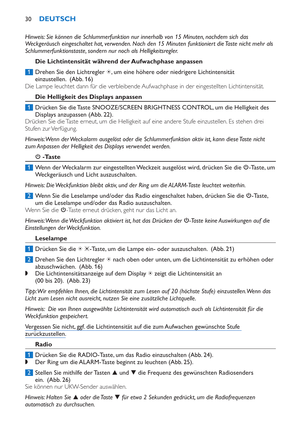 Die helligkeit des displays anpassen, 3 -taste, Leselampe | Radio | Philips Wake-up Light User Manual | Page 30 / 136