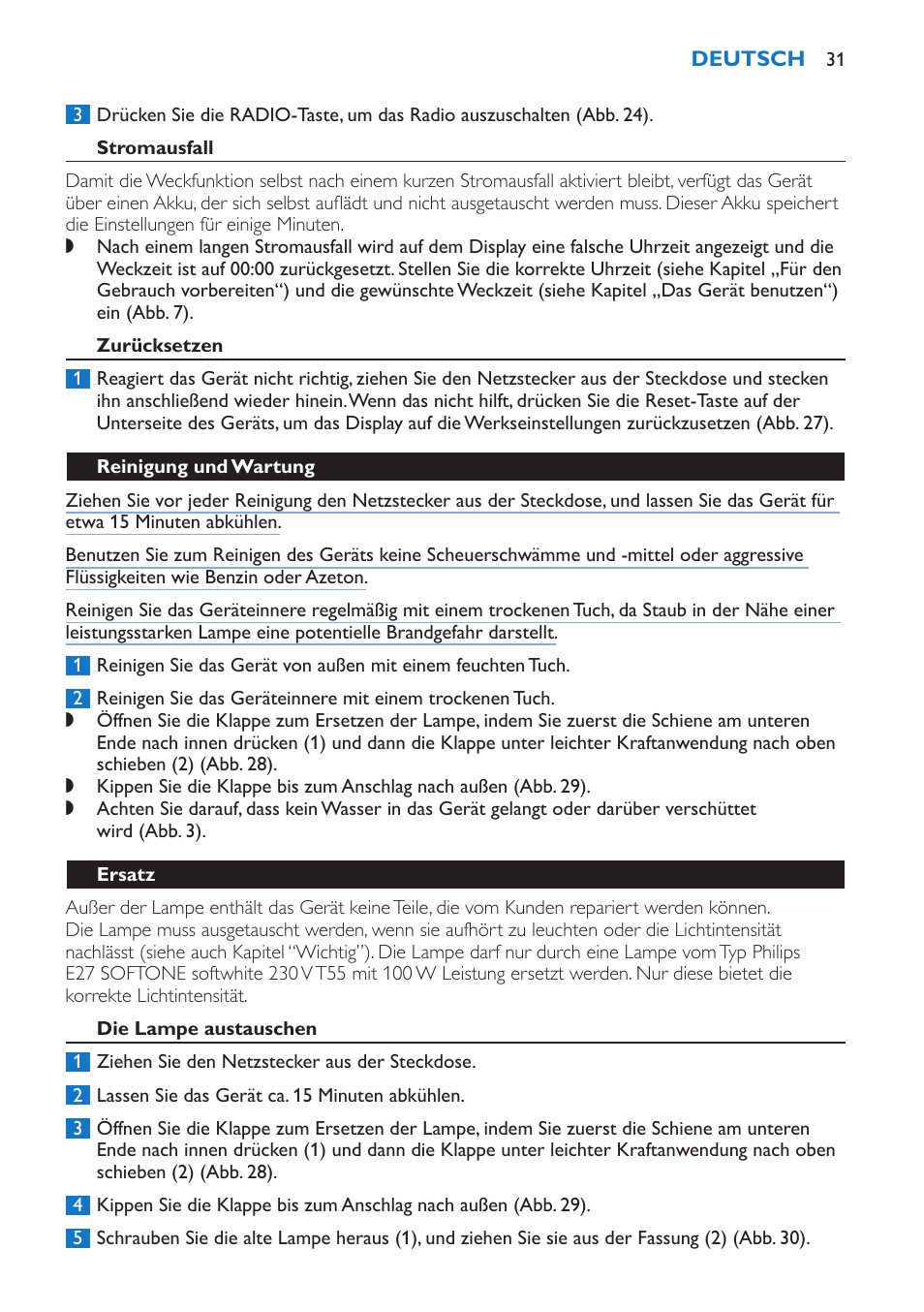 Stromausfall, Zurücksetzen, Reinigung und wartung | Ersatz, Die lampe austauschen | Philips Wake-up Light User Manual | Page 31 / 136