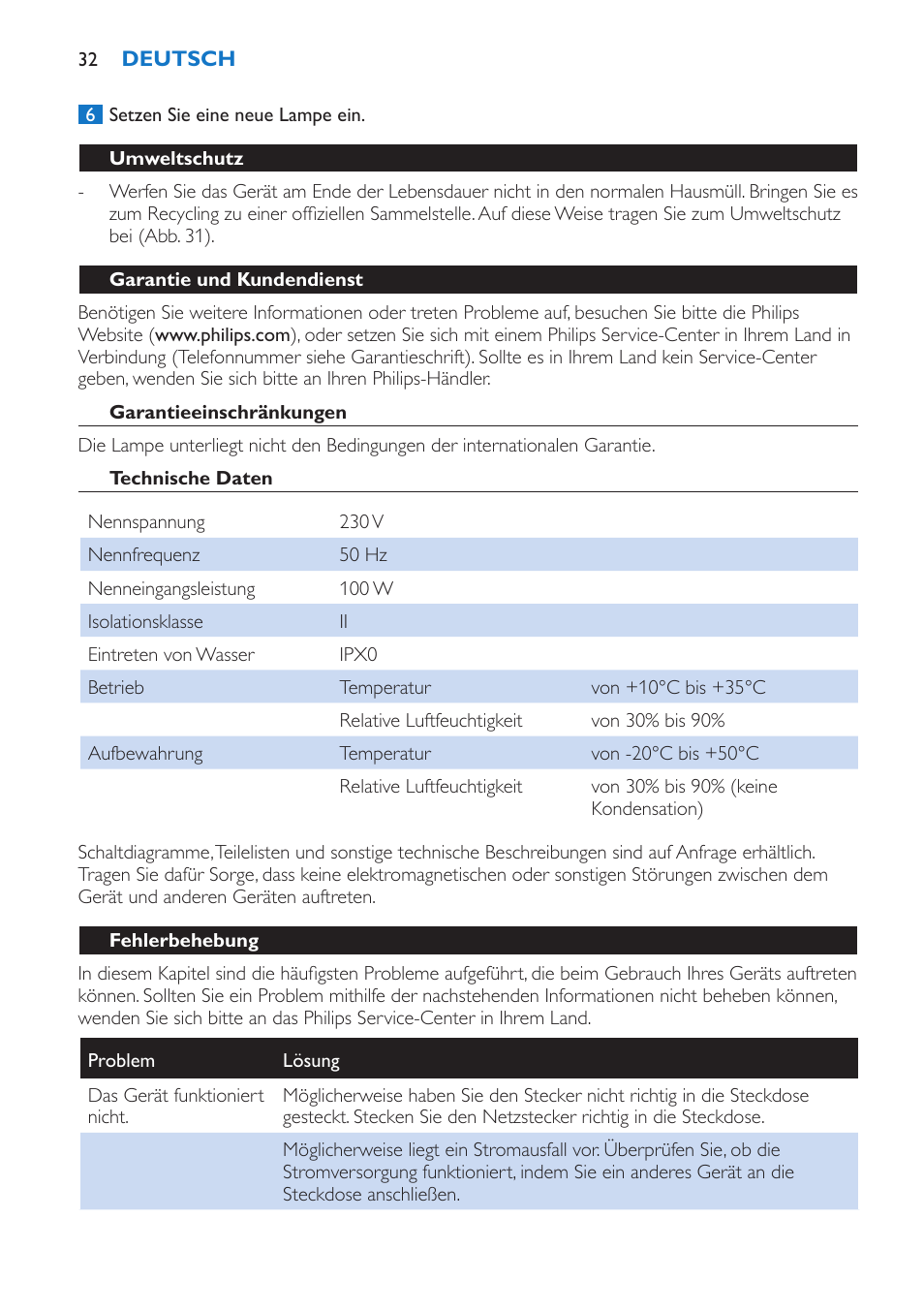 Umweltschutz, Garantie und kundendienst, Garantieeinschränkungen | Technische daten, Fehlerbehebung | Philips Wake-up Light User Manual | Page 32 / 136