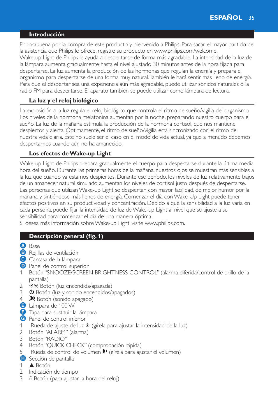 Español, Introducción, La luz y el reloj biológico | Los efectos de wake-up light, Descripción general (fig. 1) | Philips Wake-up Light User Manual | Page 35 / 136