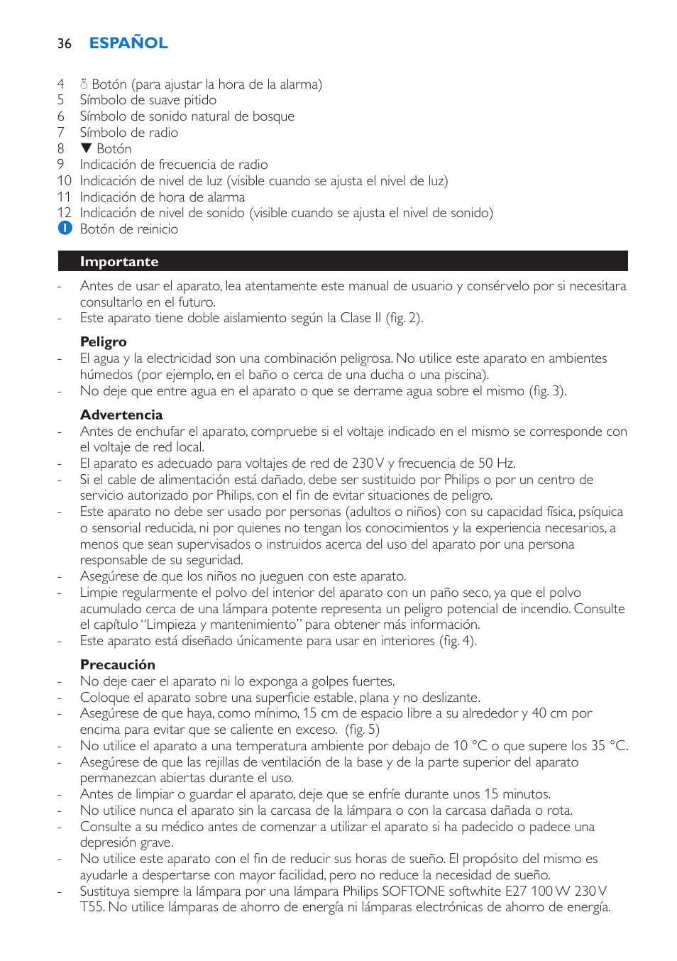 Peligro, Advertencia, Precaución | Importante | Philips Wake-up Light User Manual | Page 36 / 136