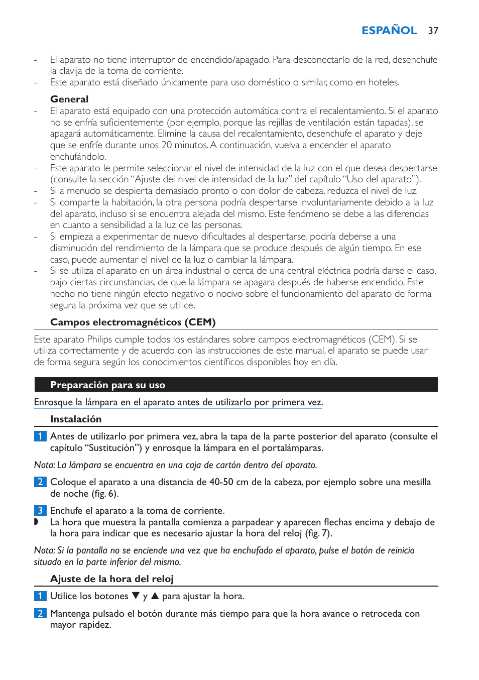 General, Campos electromagnéticos (cem), Preparación para su uso | Instalación, Ajuste de la hora del reloj | Philips Wake-up Light User Manual | Page 37 / 136