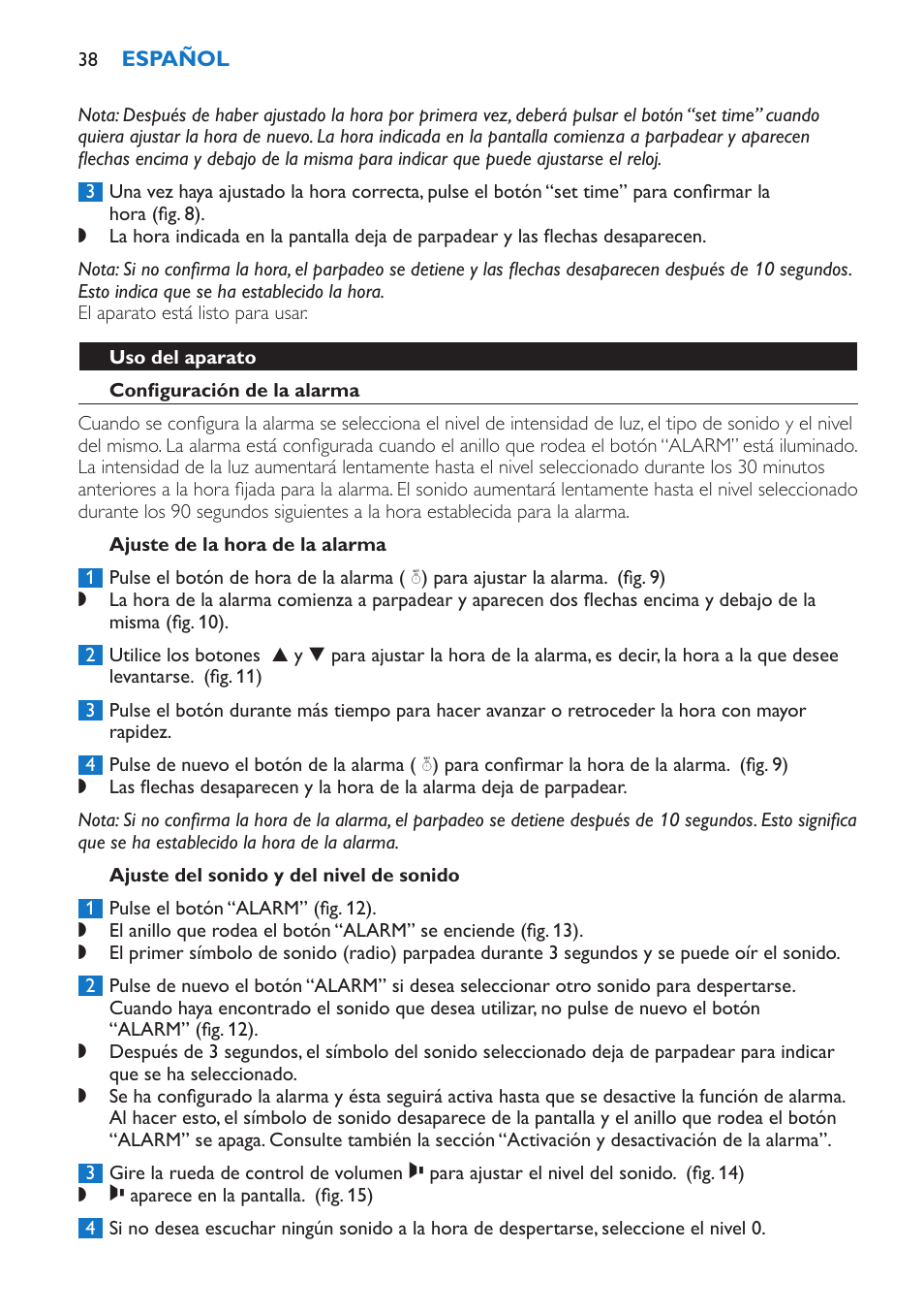 Uso del aparato, Configuración de la alarma, Ajuste de la hora de la alarma | Ajuste del sonido y del nivel de sonido | Philips Wake-up Light User Manual | Page 38 / 136