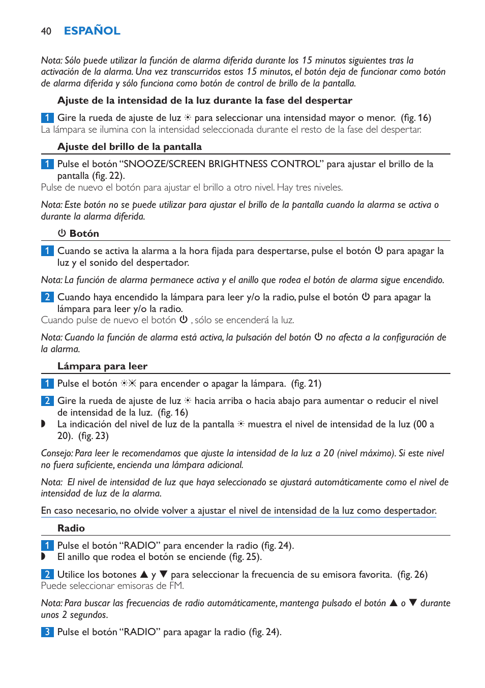 Ajuste del brillo de la pantalla, 3 botón, Lámpara para leer | Radio | Philips Wake-up Light User Manual | Page 40 / 136