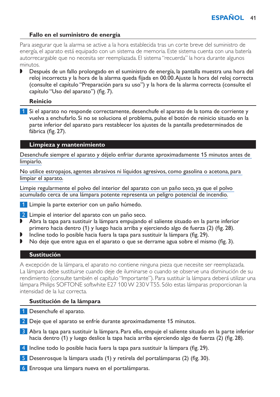 Fallo en el suministro de energía, Reinicio, Limpieza y mantenimiento | Sustitución, Sustitución de la lámpara | Philips Wake-up Light User Manual | Page 41 / 136