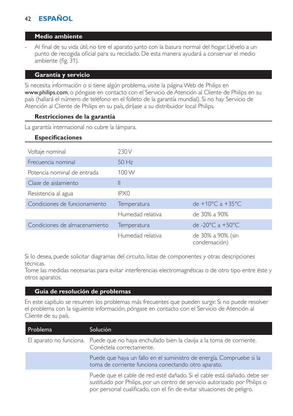 Medio ambiente, Garantía y servicio, Restricciones de la garantía | Especificaciones, Guía de resolución de problemas | Philips Wake-up Light User Manual | Page 42 / 136