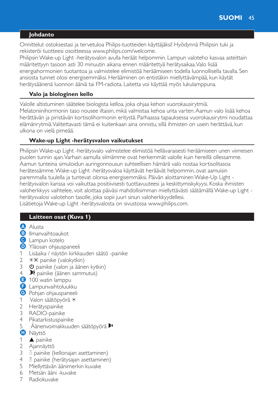 Suomi, Johdanto, Valo ja biologinen kello | Wake-up light -herätysvalon vaikutukset, Laitteen osat (kuva 1) | Philips Wake-up Light User Manual | Page 45 / 136