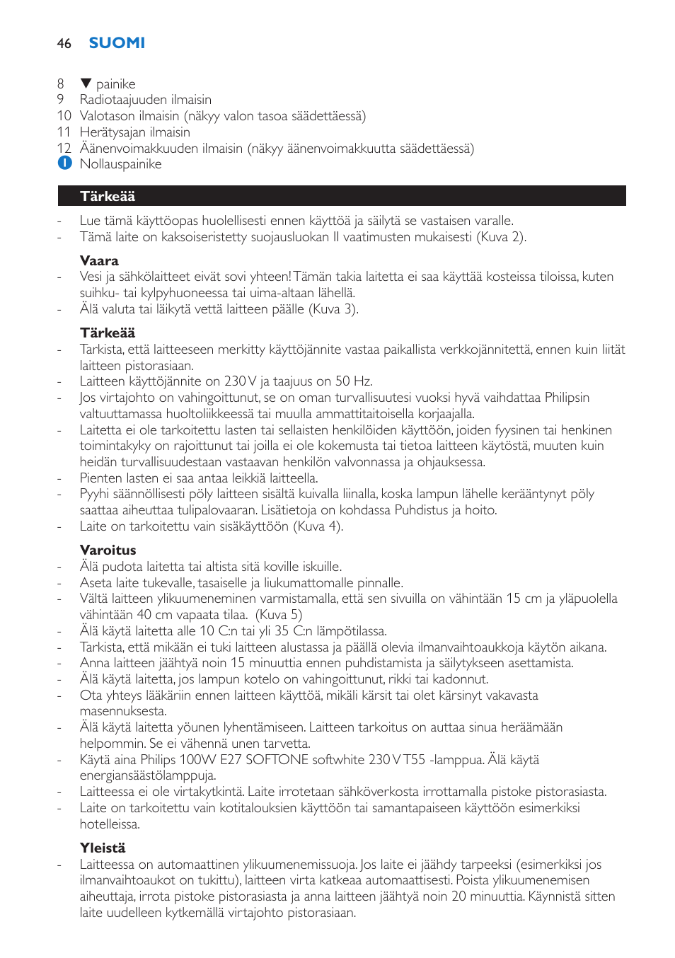 Vaara, Tärkeää, Varoitus | Yleistä | Philips Wake-up Light User Manual | Page 46 / 136