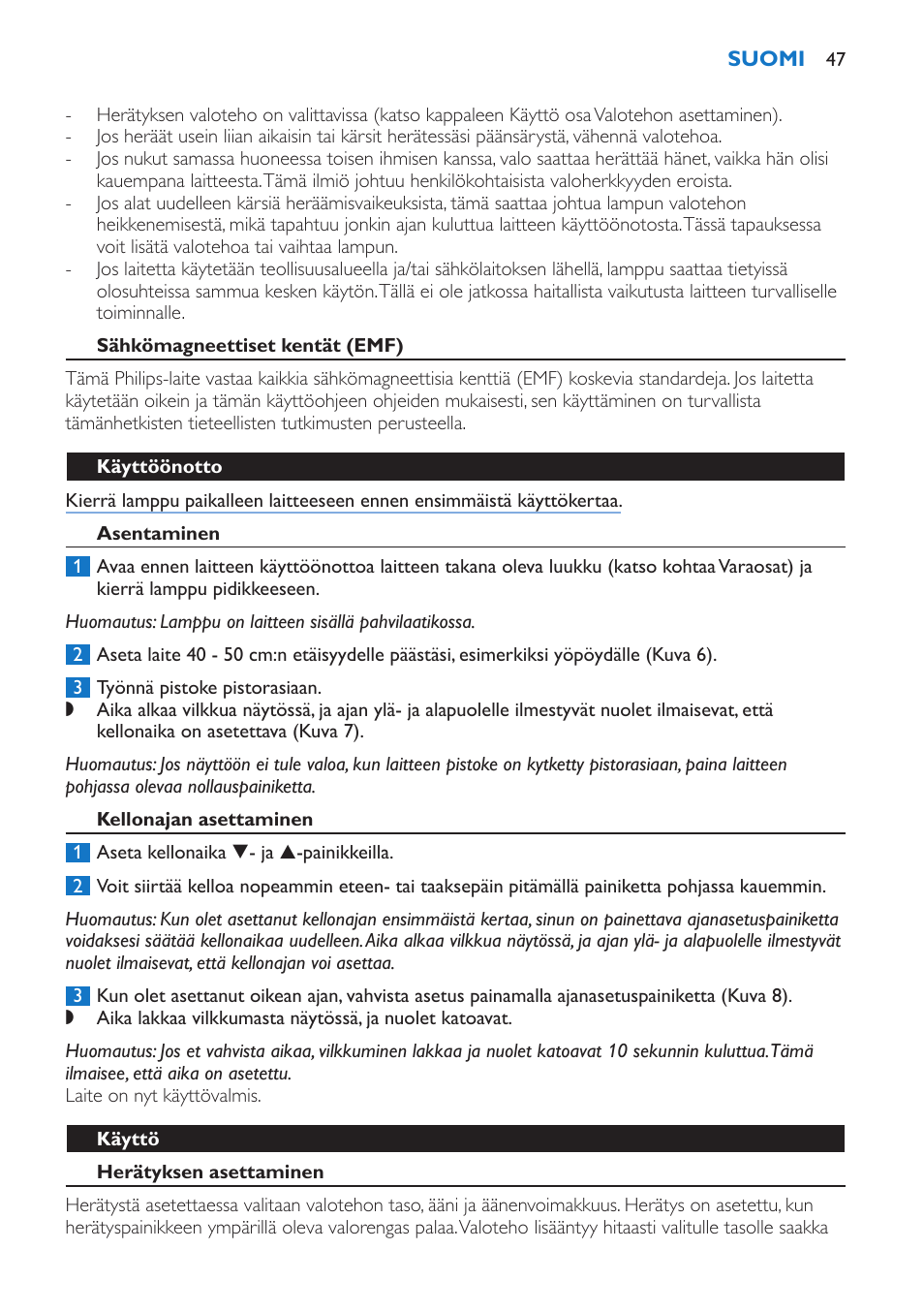 Sähkömagneettiset kentät (emf), Käyttöönotto, Asentaminen | Kellonajan asettaminen, Käyttö, Herätyksen asettaminen | Philips Wake-up Light User Manual | Page 47 / 136