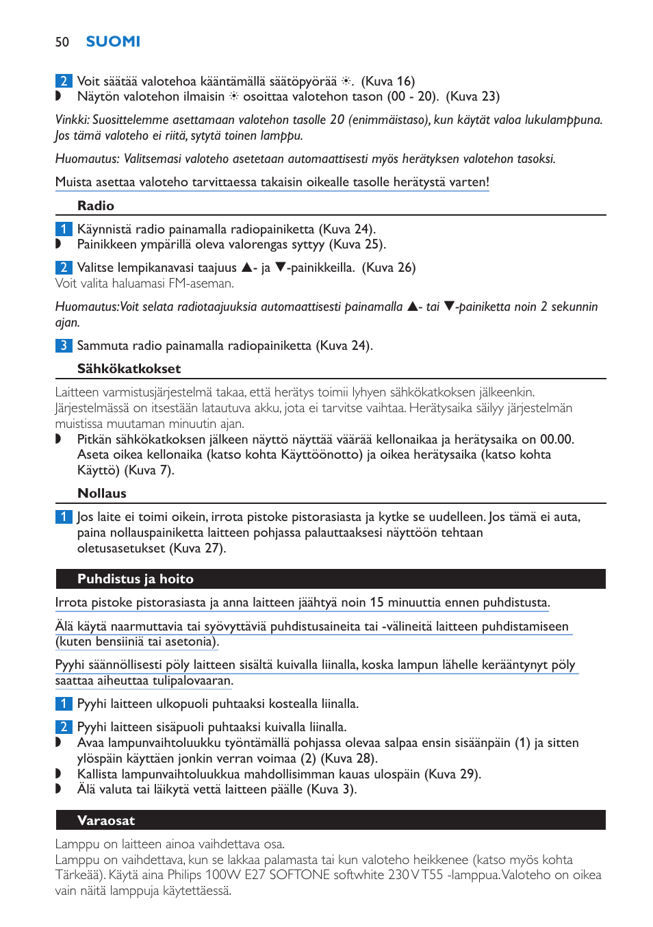 Radio, Sähkökatkokset, Nollaus | Puhdistus ja hoito, Varaosat | Philips Wake-up Light User Manual | Page 50 / 136