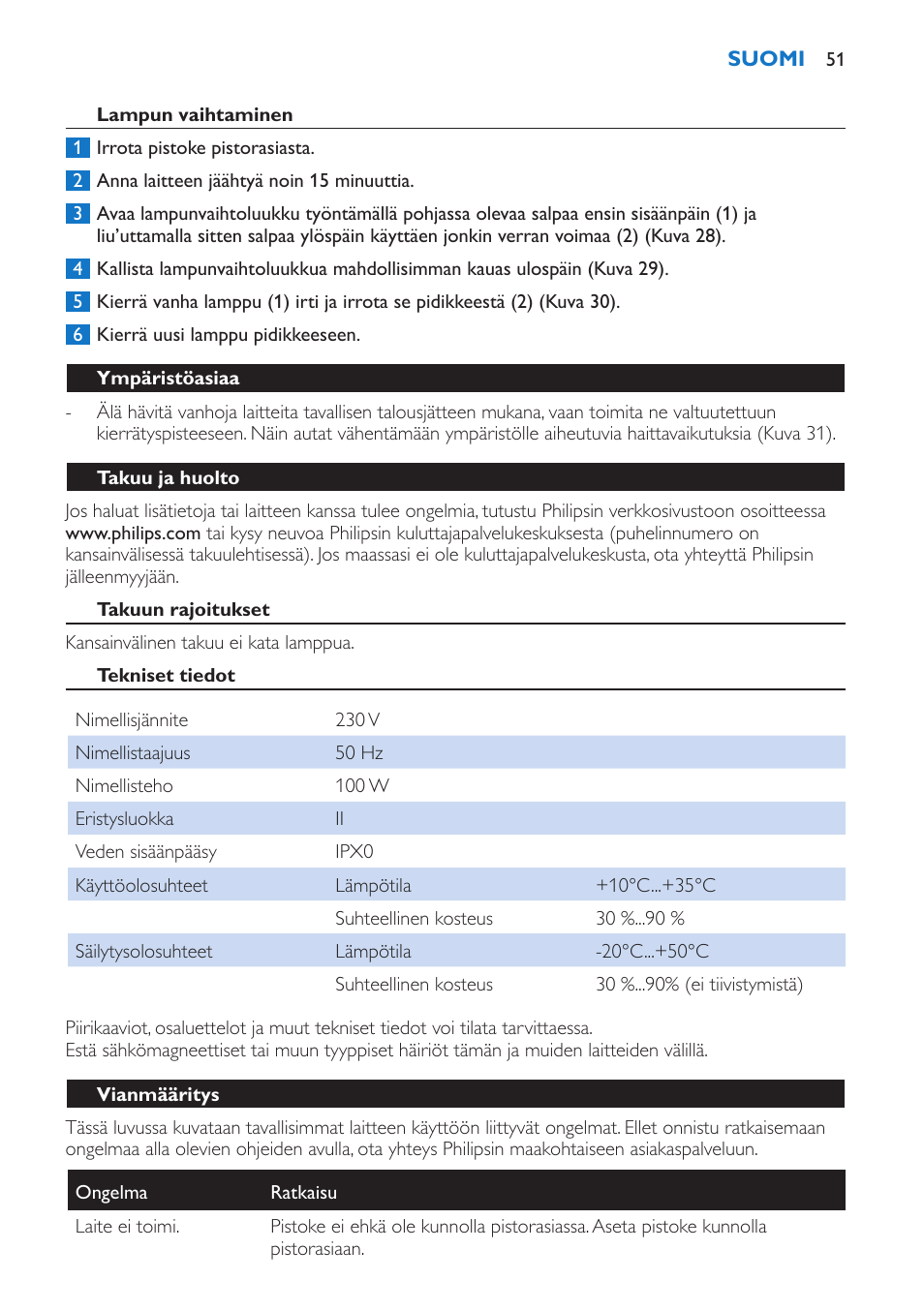 Lampun vaihtaminen, Ympäristöasiaa, Takuu ja huolto | Takuun rajoitukset, Tekniset tiedot, Vianmääritys | Philips Wake-up Light User Manual | Page 51 / 136