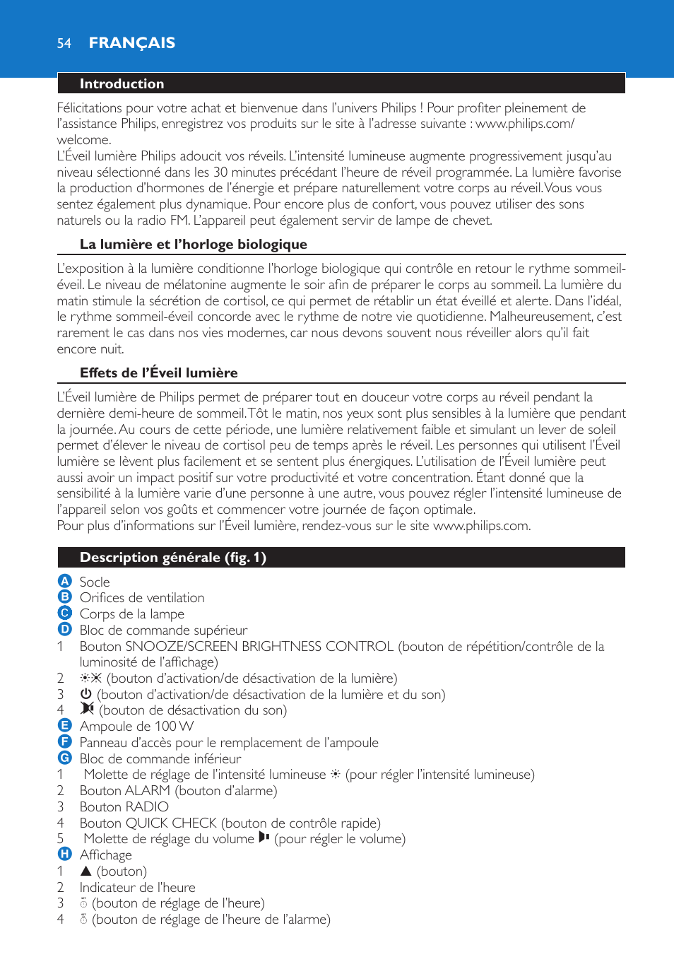 Français, Introduction, La lumière et l’horloge biologique | Effets de l’éveil lumière, Description générale (fig. 1) | Philips Wake-up Light User Manual | Page 54 / 136