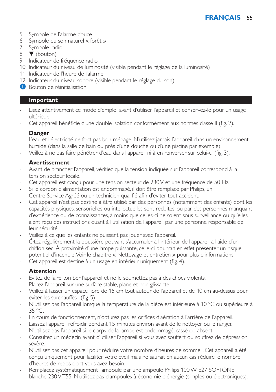 Danger, Avertissement, Attention | Important | Philips Wake-up Light User Manual | Page 55 / 136