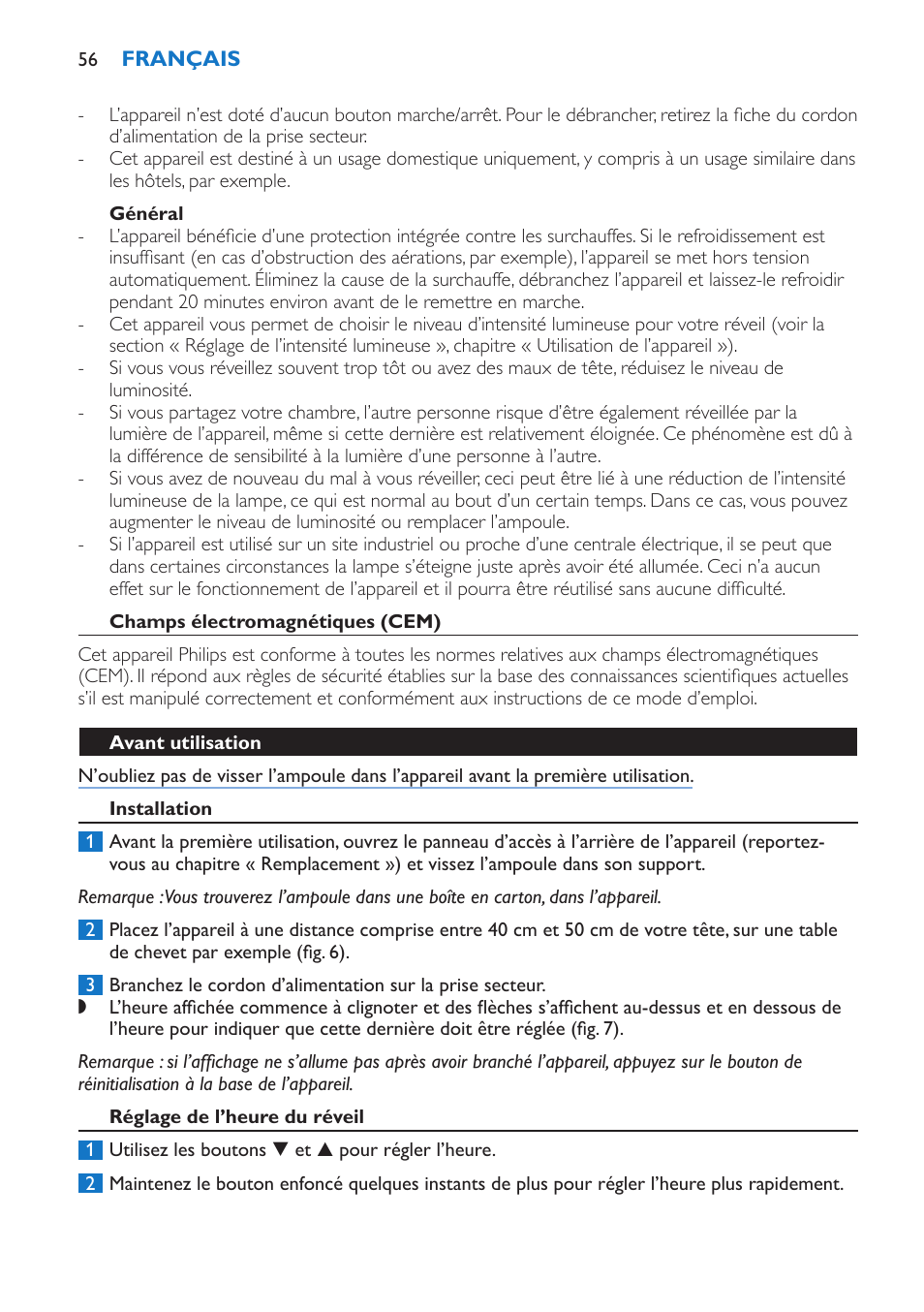 Général, Champs électromagnétiques (cem), Avant utilisation | Installation, Réglage de l’heure du réveil | Philips Wake-up Light User Manual | Page 56 / 136