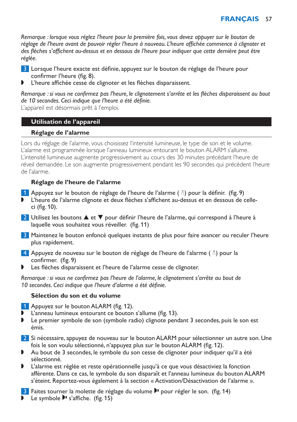 Utilisation de l’appareil, Réglage de l’alarme, Réglage de l’heure de l’alarme | Sélection du son et du volume | Philips Wake-up Light User Manual | Page 57 / 136