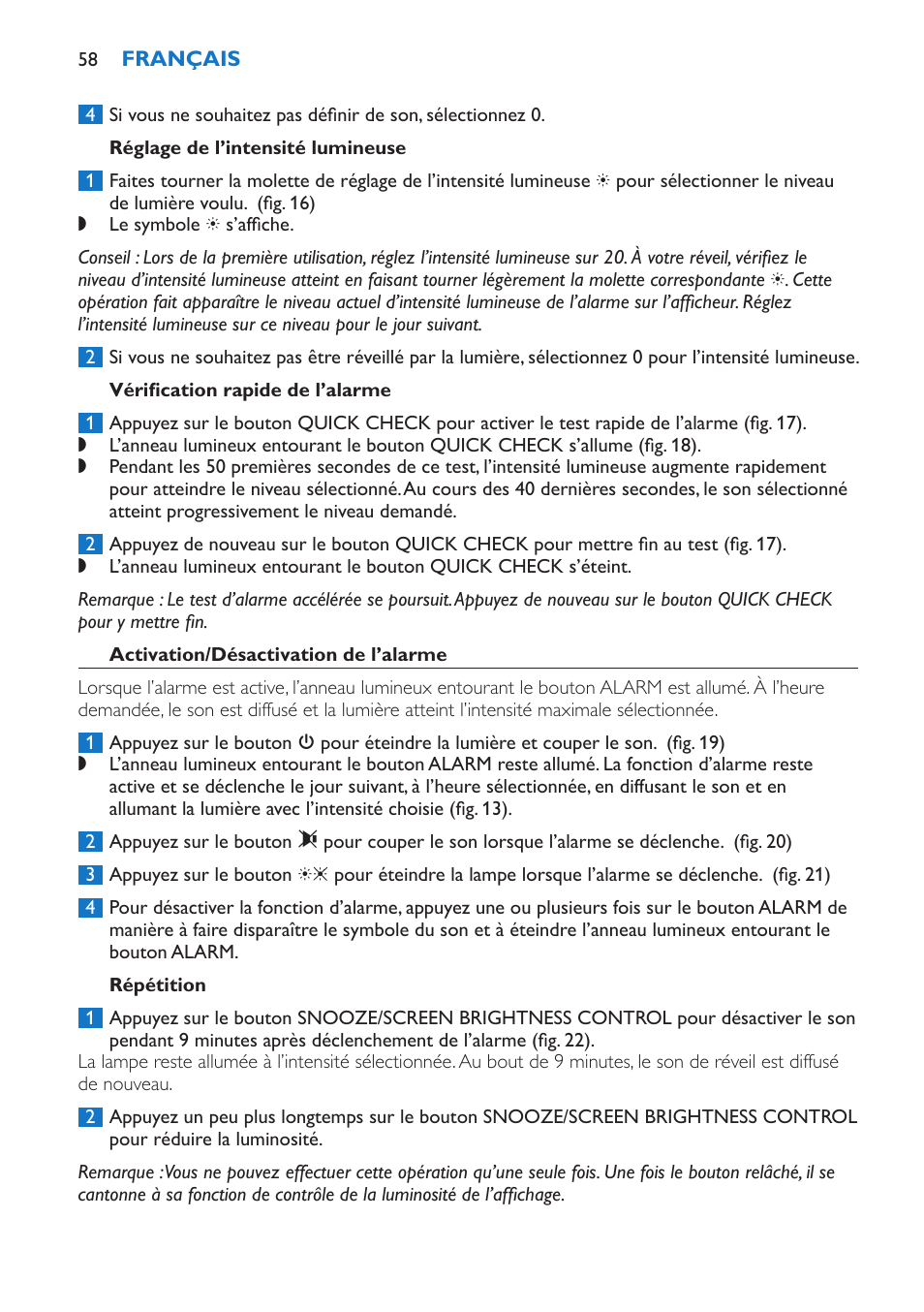 Réglage de l’intensité lumineuse, Vérification rapide de l’alarme, Activation/désactivation de l’alarme | Répétition | Philips Wake-up Light User Manual | Page 58 / 136