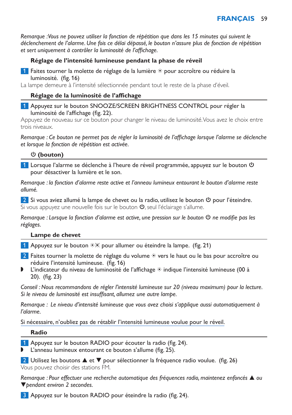 Réglage de la luminosité de l’affichage, 3 (bouton), Lampe de chevet | Radio | Philips Wake-up Light User Manual | Page 59 / 136