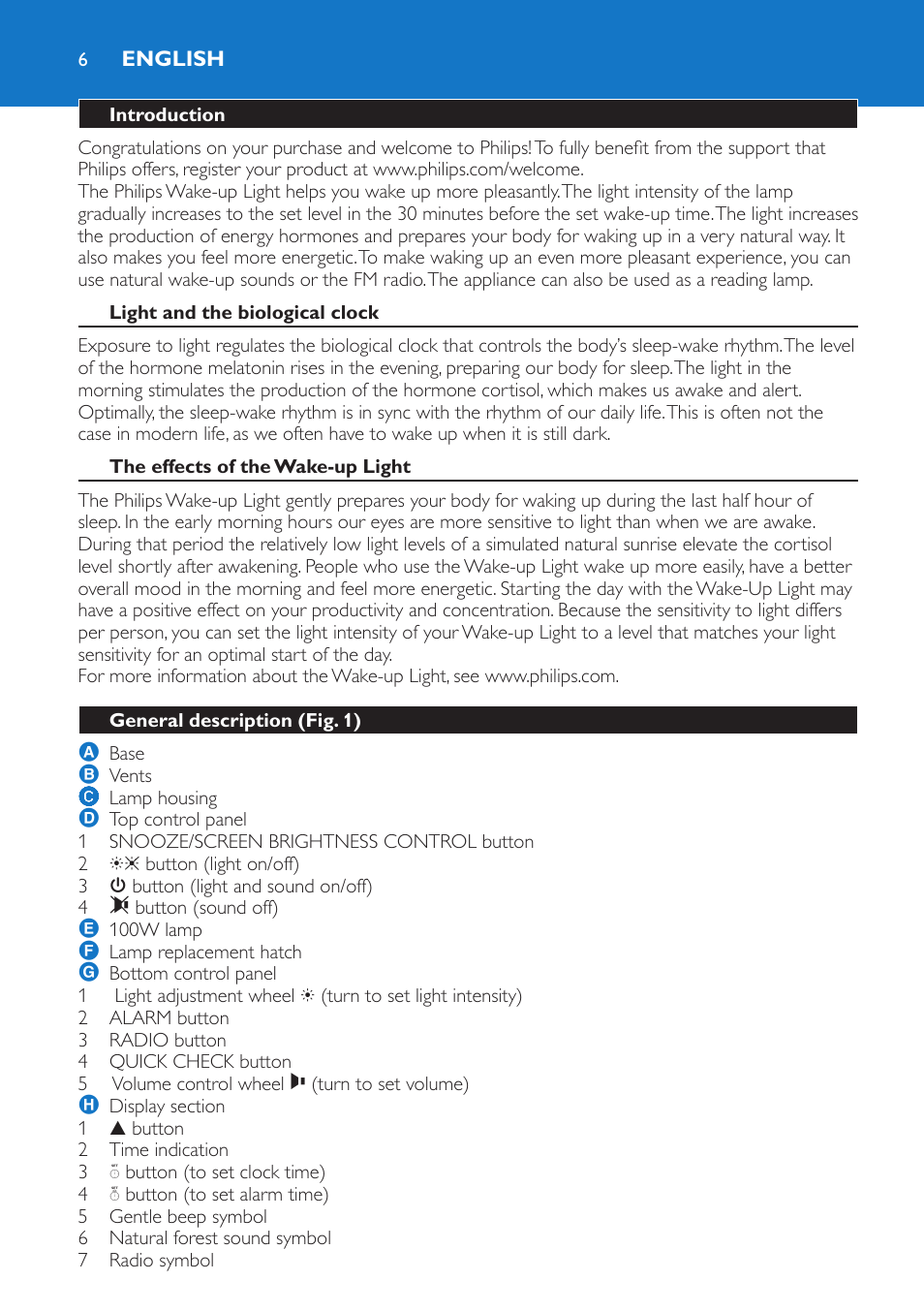 English, Introduction, Light and the biological clock | The effects of the wake-up light, General description (fig. 1) | Philips Wake-up Light User Manual | Page 6 / 136