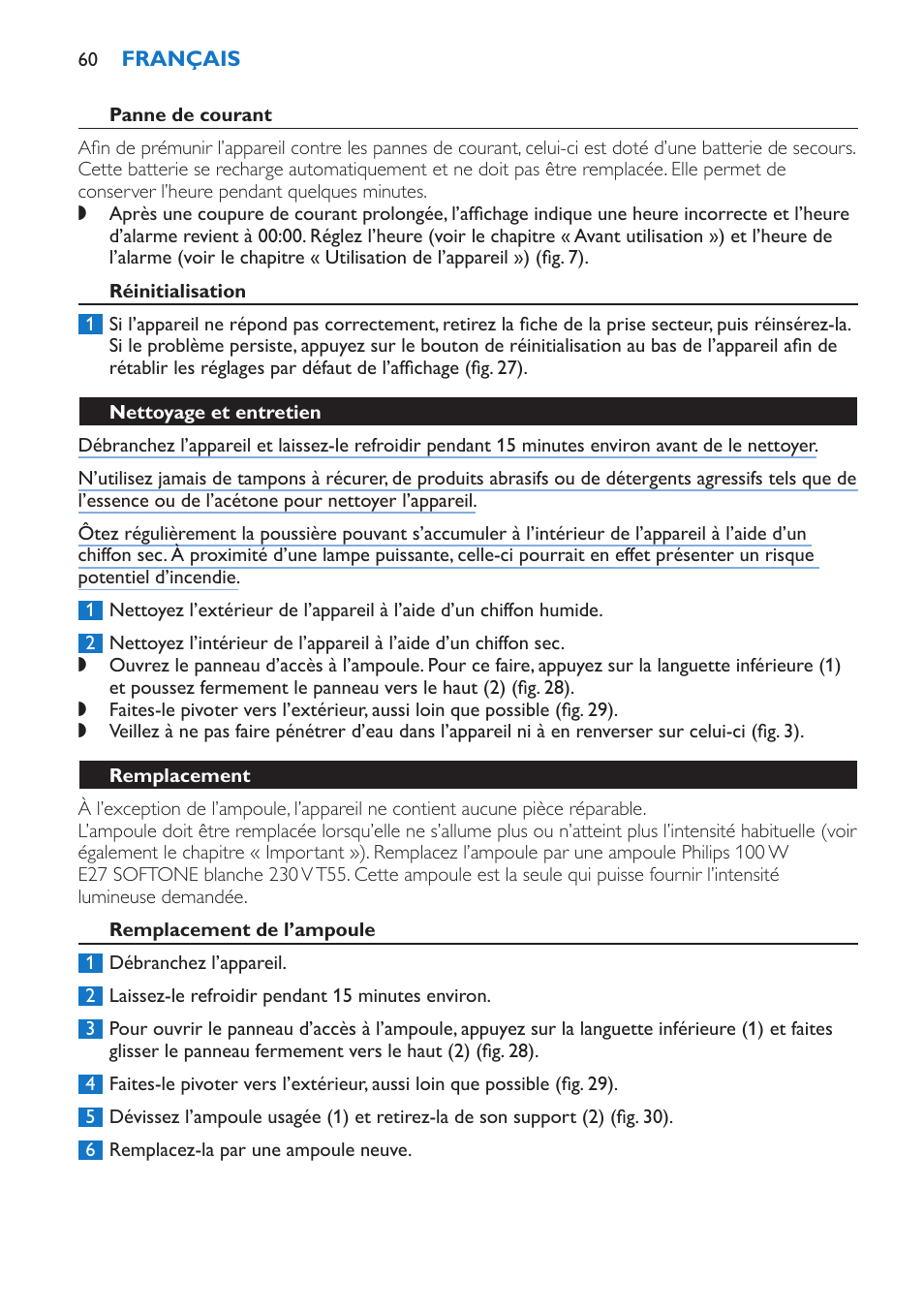 Panne de courant, Réinitialisation, Nettoyage et entretien | Remplacement, Remplacement de l’ampoule | Philips Wake-up Light User Manual | Page 60 / 136